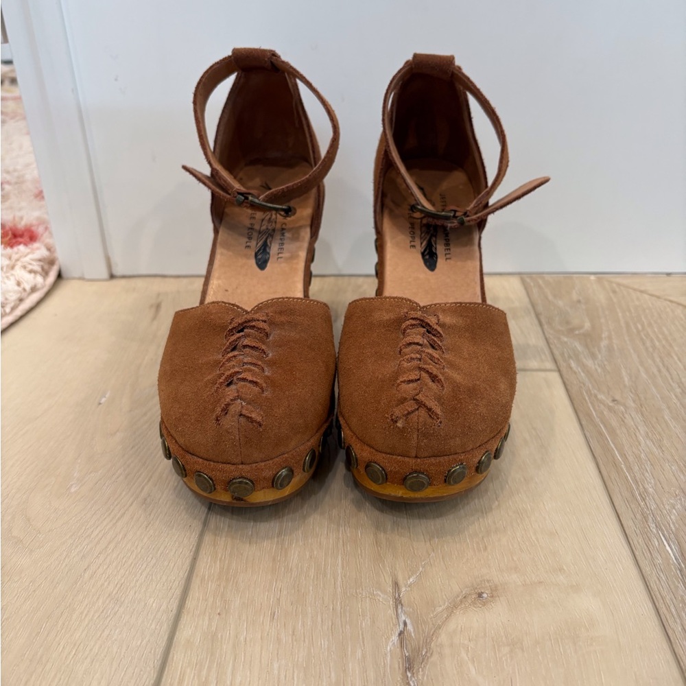 Free People Jeffery Campbell Brown Suede Heels with Ankle Strap and Wooden Soles
